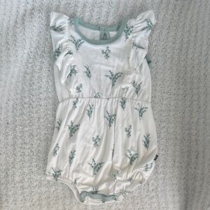 Kyte Baby White Romper with Sage Green Trim and Floral Print